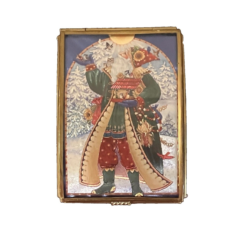 Vtg Via Vermont Ltd Enesco Hinged Glass Brass Trinket Box Santa Birds Christmas